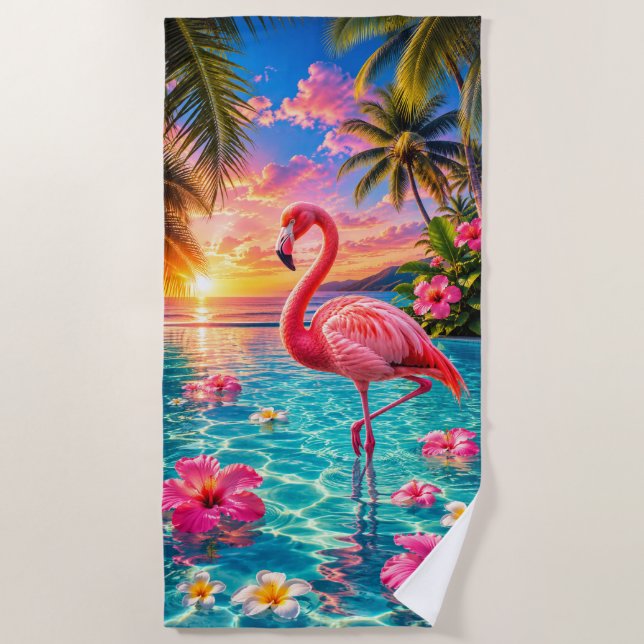 Toalha de Praia Pink Flamingo Tropical Pool (Frente)