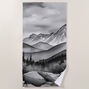 Toalha De Praia Pintura da paisagem branca e preta de montanhas