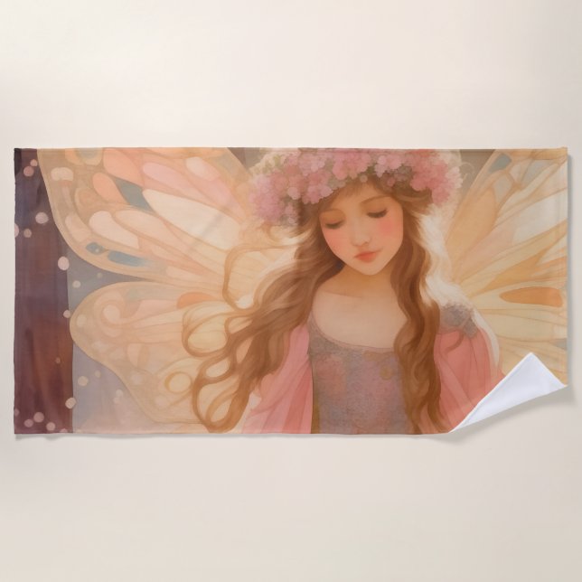 Toalha De Praia Pintura de fantasia de fada rosa-branca (Frente)