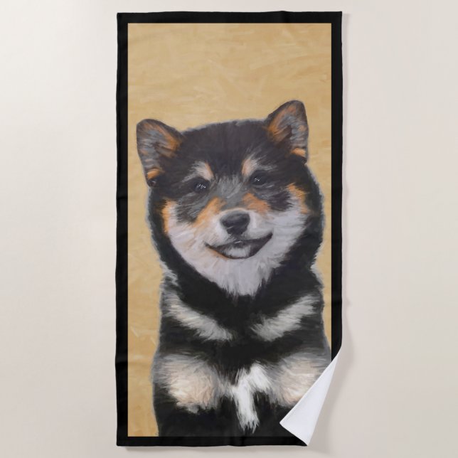 Toalha De Praia Pintura de Shiba Inu (Preto e Latão) - Arte Canina (Frente)