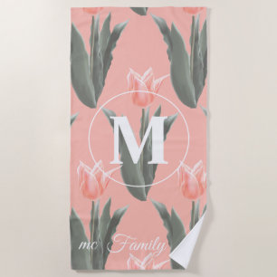Toalha De Praia Pintura de Tulipas Monogramas Peach da Família El