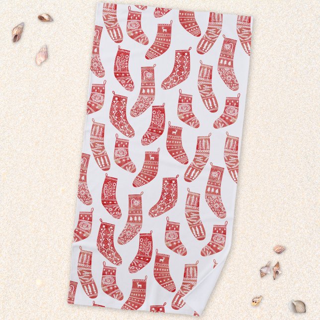 Toalha De Praia Planície Nórdica Branco Vermelho (Nordic Stockings red and white Scandinavian festive Christmas pattern beach towel)