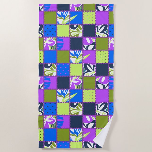 Toalha De Praia Pokii Hawaiian Floral and Dot Patchwork Purple (Frente)