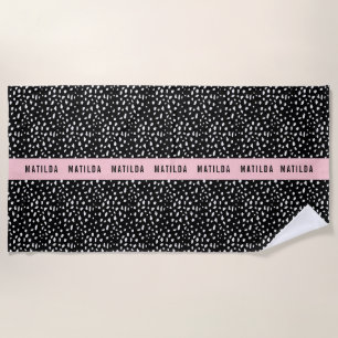 Toalha De Praia Ponto preto e branco com faixa rosa personalizada