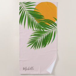 Toalha De Praia Pôr do Sol Tropical Retro Folhas de Palmeira Nome