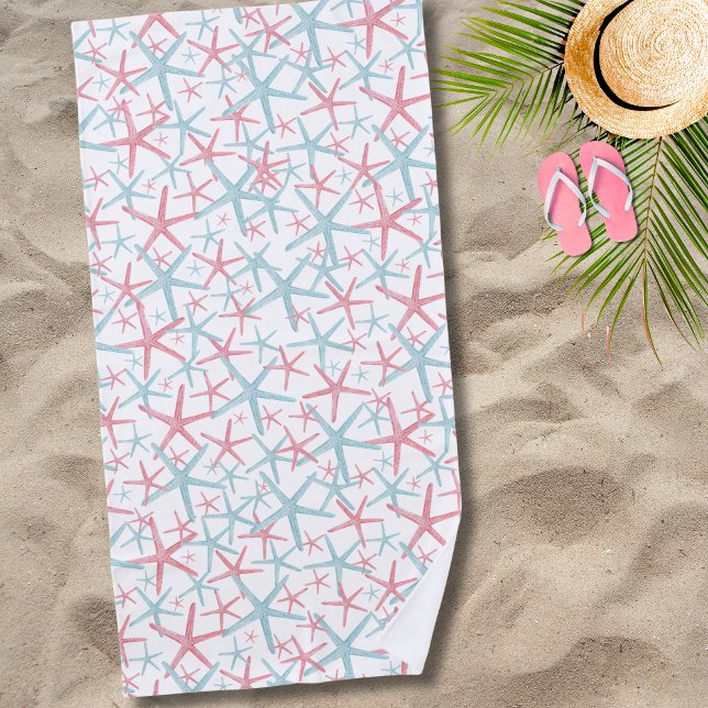 Toalha De Praia Praia de Verão Tropical (Teal Pink Nautical Tropical Starfish Summer Beach Beach Towel)