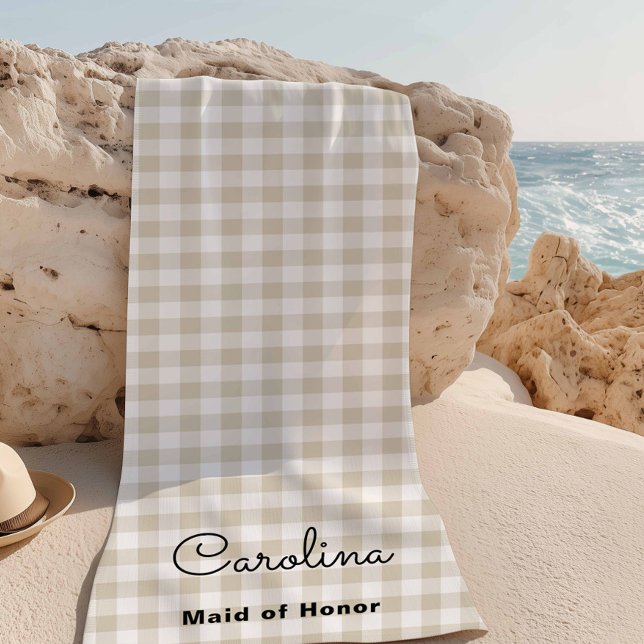Toalha De Praia Preppy Beige Checkered Bridesmaid Proposta (Criador carregado)