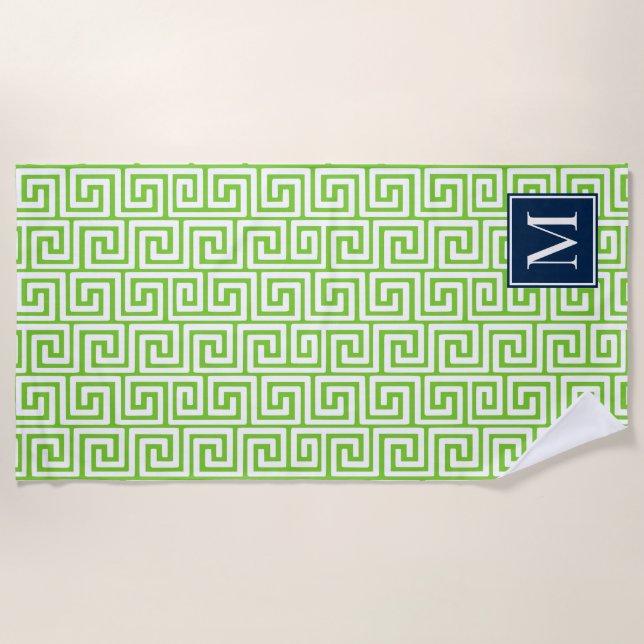 Toalha De Praia Preppy Greek Key Monogram – Lime Green & Navy (Frente)
