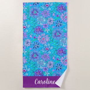 Toalha De Praia Preppy Palm Beach Blue & Purple Personalizado