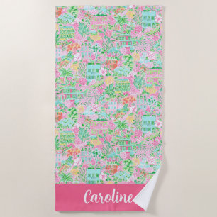 Toalha De Praia Preppy Palm Beach Pink Charleston Personalizado