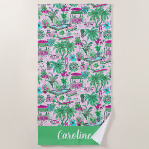 Toalha De Praia Preppy Palm Beach Pink & Green Férias Animais