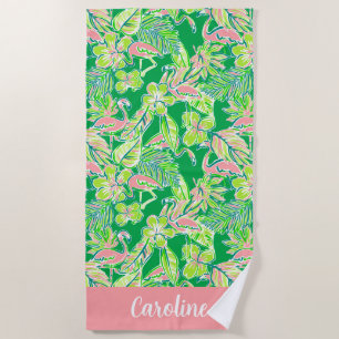 Toalha De Praia Preppy Palm Beach Pink Green Flamingo Personalizad