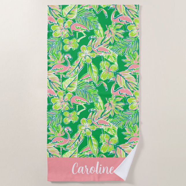 Toalha De Praia Preppy Palm Beach Pink Green Flamingo Personalizad (Frente)