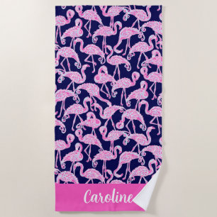 Toalha De Praia Preppy Palm Beach Pink Marinho Flamingo Personaliz