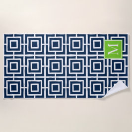 Toalha De Praia Preppy Square Lattice Monogram – Navy & Lime
