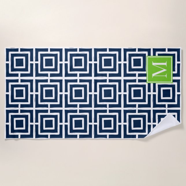 Toalha De Praia Preppy Square Lattice Monogram – Navy & Lime (Frente)