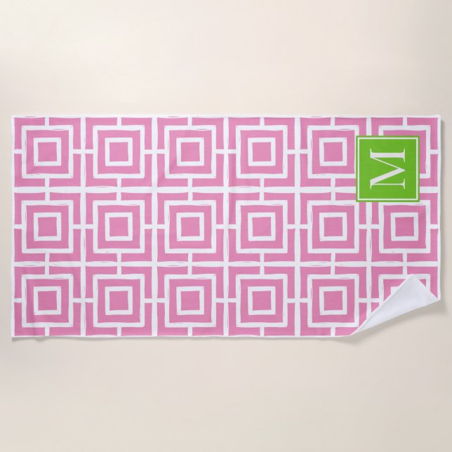Toalha De Praia Preppy Square Lattice Monogram – Pink & Lime (Frente)