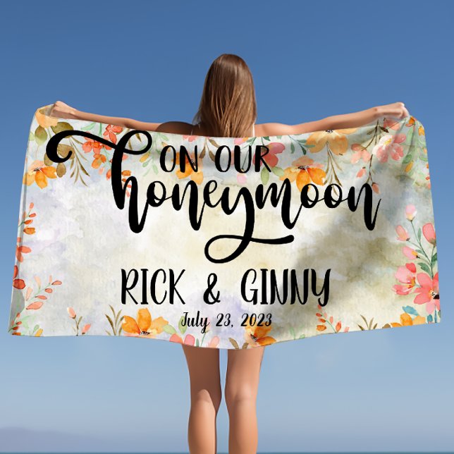 Toalha De Praia Presentes Personalizados de Mel para Casamento com (Watercolor Floral Honeymoon Gifts Personalized Beach Towel)