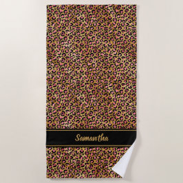 Toalha De Praia Preto Chic Rosa Dourado Estampa de Leopardo Person