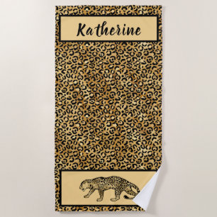Toalha De Praia Preto Chic Tan Dourado Leopardo Personalizado
