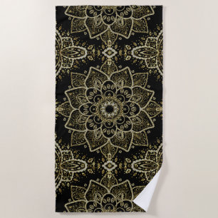 Toalha De Praia Preto & design Dourado da mandala do brilho