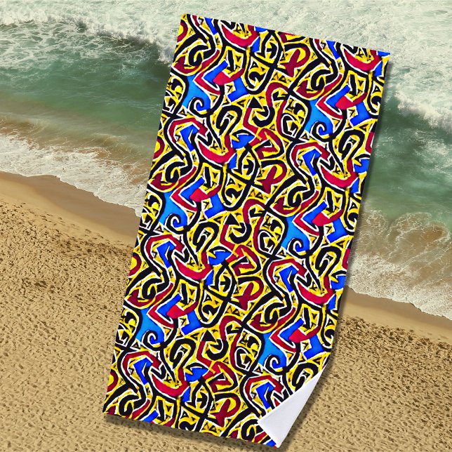 Toalha De Praia Preto vermelho amarelo no Grafite azul (Criador carregado)