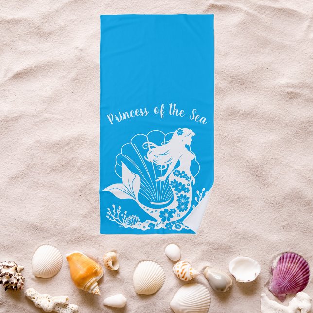 Toalha De Praia Princesa Sereia Havaiana do Azul-Luz-Mar (Hawaiian Mermaid Tropical Flowers Sea Shells Coral, Summer Beach, Fisherman Trend Towel)