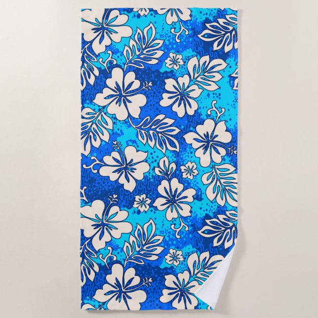Toalha De Praia Pua Aloha Coração Havaiana Moldou Azul Hibiscus (Frente)