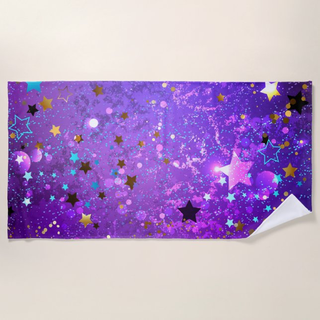 Toalha De Praia Purple foil background with Stars (Frente)
