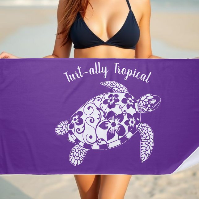 Toalha De Praia Púrpura estética de tartaruga havaiana (Hawaiian Turtle-Tropical Flowers, Elegant Tribals, summer, beach, fisherman aesthetic, Beach Towel)