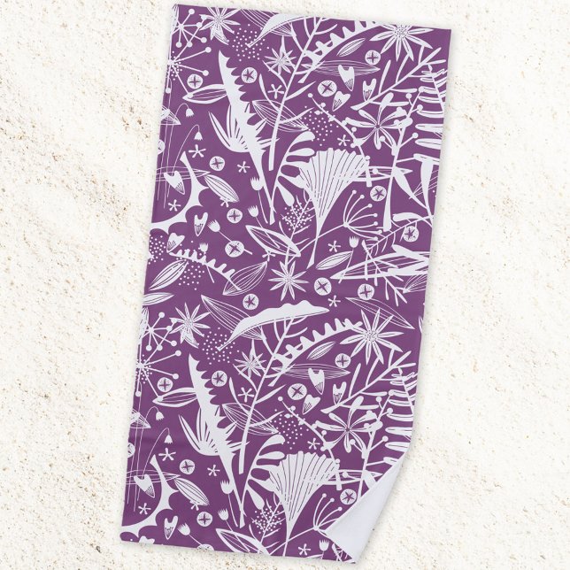 Toalha De Praia Púrpura Floral Botânica (Botanical wild flower floral beach towel in purple and white)