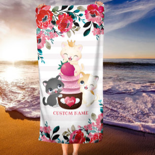 Toalha De Praia Quadrinhos Quimsos De Cartoon Floral Gatos De Cupc