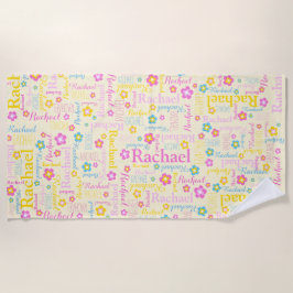 Toalha De Praia Rachel flores nome tipográfico amarelo rosa