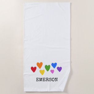 Toalha De Praia Rainbow Hearts Kids NAME Colorful Love Art