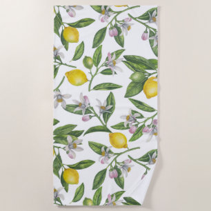 Toalha De Praia Ramos de limão com flores e fruta em branco