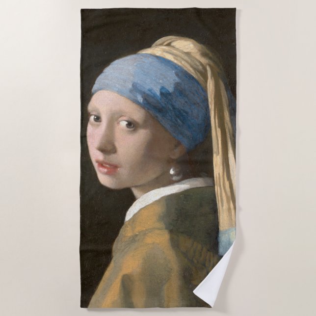 Toalha De Praia Rapariga com pérolas e Arte Vermeer (Frente)