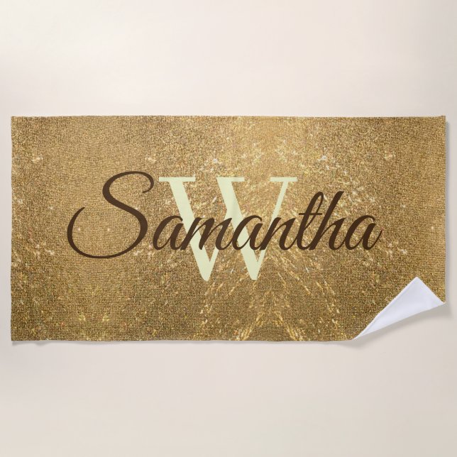Toalha De Praia Rapariga de Monograma de Script Glitter Dourado Fr (Frente)