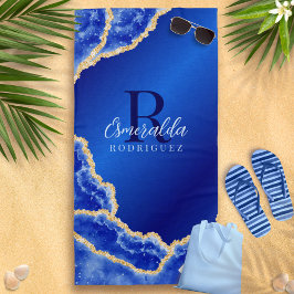 Toalha De Praia Real Azul e Dourado Agato Elegante Monograma