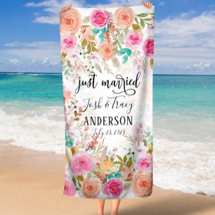 Toalha De Praia Recem casados Personalizado Floral Rosa Blush