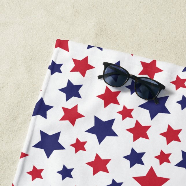 Toalha De Praia Red and Blue Stars, 4th of July, White Background (In Situ)