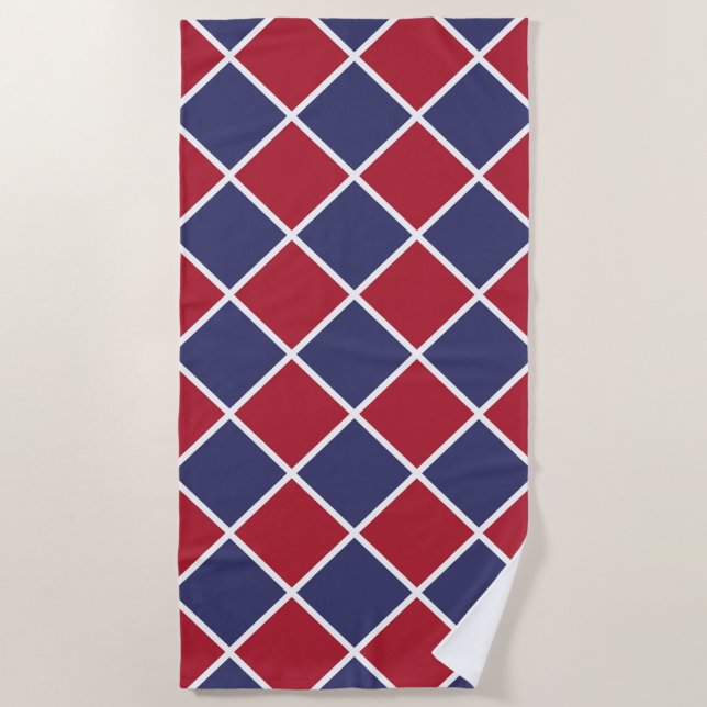 Toalha De Praia Red White Blue Checker Diamond Pattern (Frente)