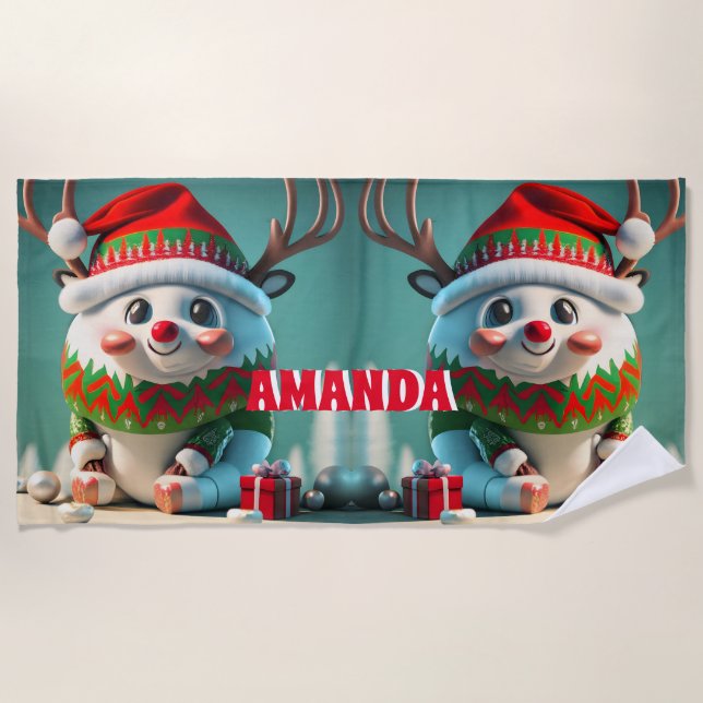 Toalha De Praia Reindeer Feliz Natal Crianças Personalizadas (Frente)