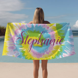 Toalha De Praia Remoinho de Tie Dye Amarelo Azul Personalizado de