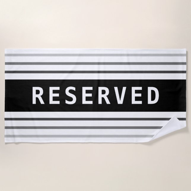 Toalha De Praia RESERVED, White Text, Black & Grey Stripes (Frente)