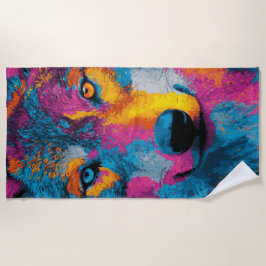 Toalha De Praia Retrato de Lobo Colorido Ilustração de Splash Pop 