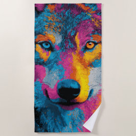 Toalha De Praia Retrato de Lobo Colorido Ilustração de Splash Pop 