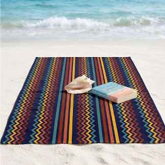 Toalha De Praia Retro 70s Navy Red & Yellow Geometric Stripe
