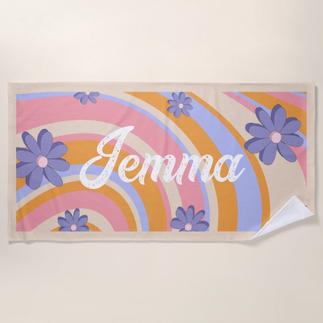 Toalha De Praia Retro, Arco-Íris, Groovy Birthday, Praia (Frente)