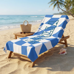 Toalha De Praia Retro Azul Xadrez Ondulado Nome Personalizado