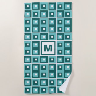 Toalha De Praia Retro Blue Geometric Squares Pattern Monogram